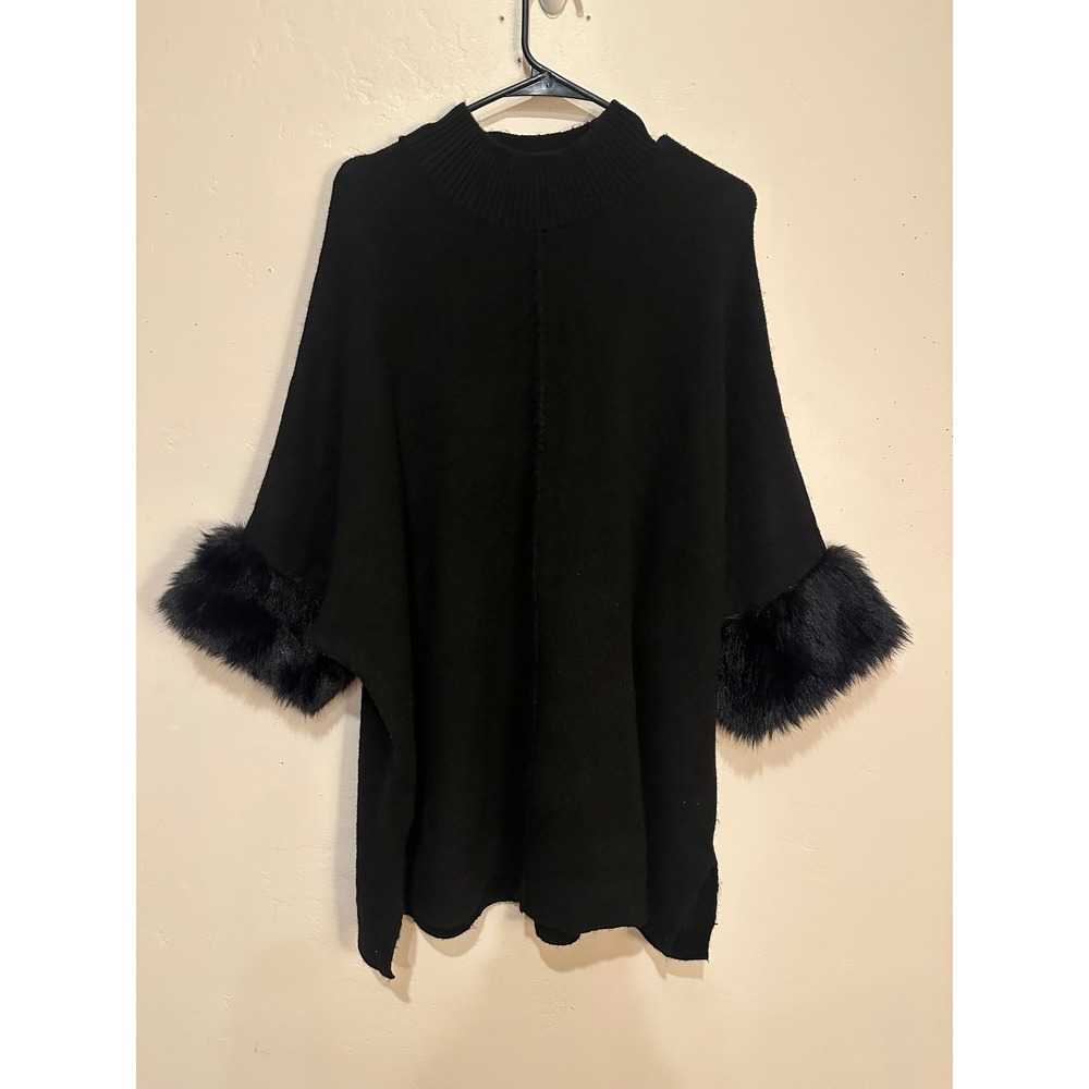 Ann Taylor Factory Black Faux Fur Trim Mock Neck Poncho Sweater M/L 607240